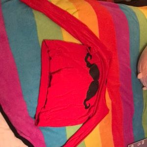 Red Long-sleeve Tee with Black Glittery Mustache